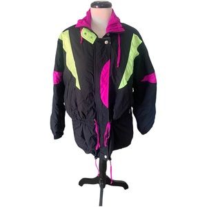 VTG Retro Cornice Color Block Black Purple & Neon Green Ski Jacket Ladies Sz M